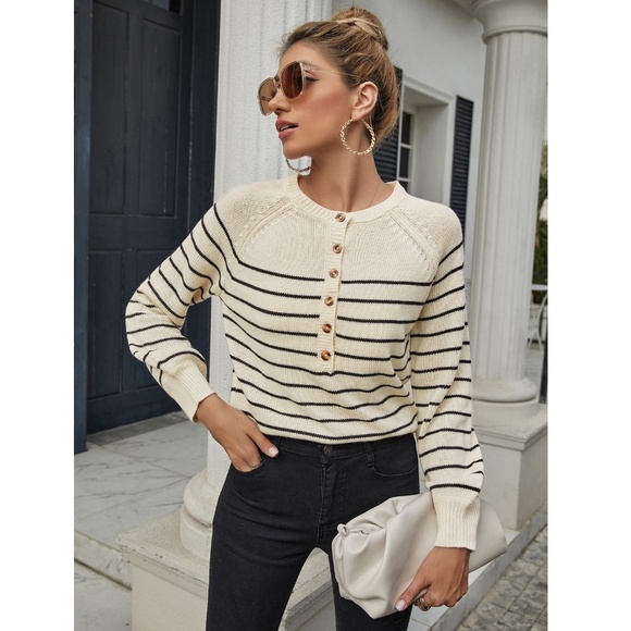 Rouge! Sweaters - Striped Beige Henley Style Sweater